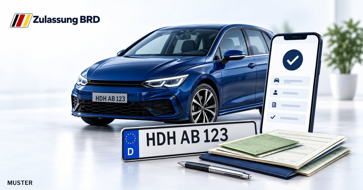 Online Fahrzeugzulassung in Giengen an der Brenz: Musterkennzeichen HDH AB 123, Auto und Fahrzeugpapiere und Smartphone. Illustration mit Logo von Zulassung BRD.